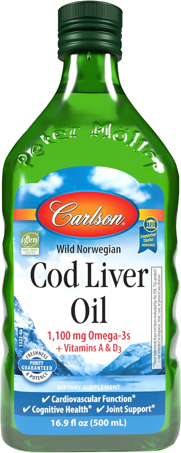 Carlson Cod Liver Oil, 1100 mg, Omega-3s, Lemon, 500 mL (16.9 Fl Oz) | plus Vitamins A and D3; Wild Caught Norwegian Arctic Cod Liver Oil; Sustainably Sourced Nordic Fish Oil Liquid