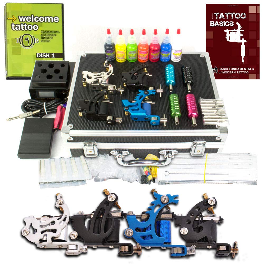 Grinder Tattoo Kit by Pirate Face Tattoo / 4 Tattoo Machine Guns - Power Supply / 7 Ink by Radiant Colors - Made in the USA/LCD Power Supply / 50