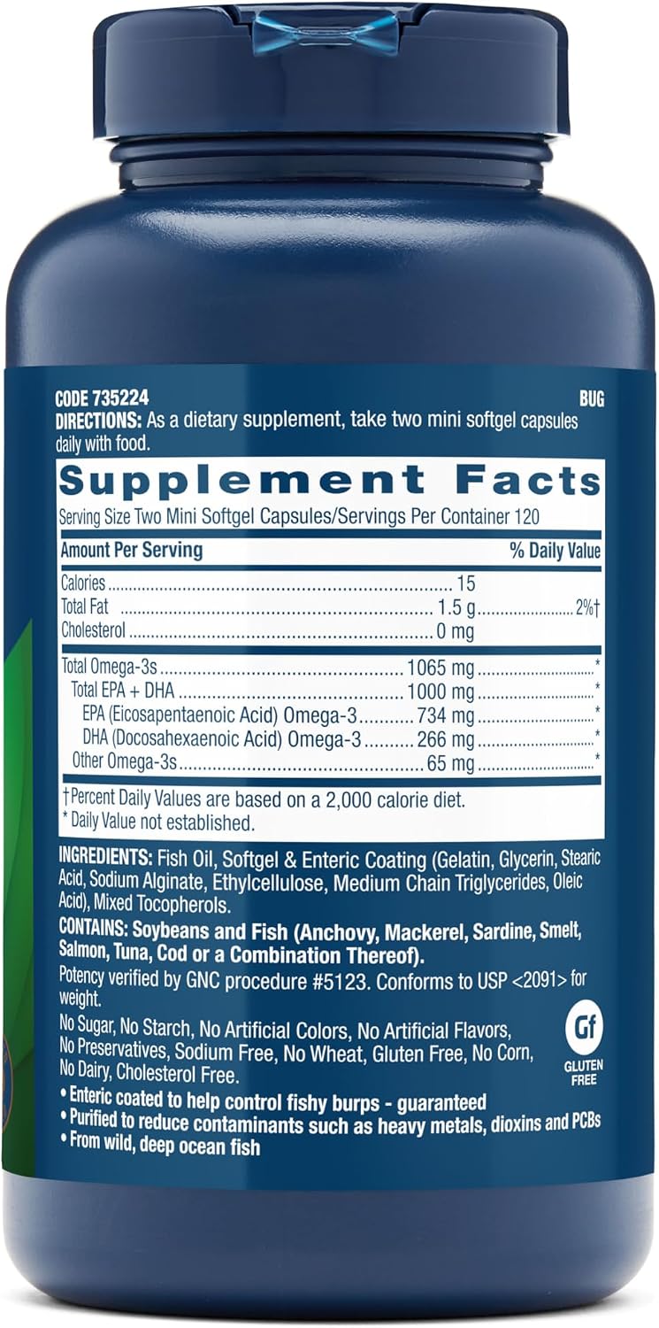 GNC Triple Strength Fish Oil Mini, 1000mg EPA & DHA, 120 Mini Softgels | Provides 1000mg EPA and DHA per Serving to Support Heart, Brain, Skin, Eye, Joint Health, and a Balanced Mood