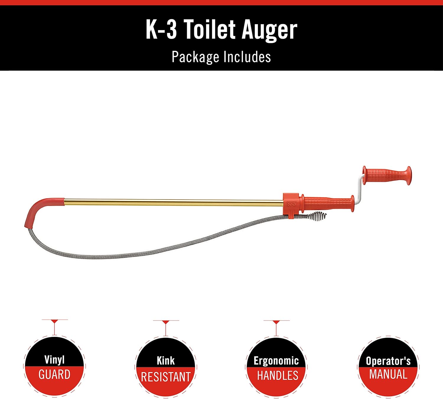 RIDGID 59787 Model K-3 Toilet Auger with Unclogging 3-Foot Snake and Bulb Head