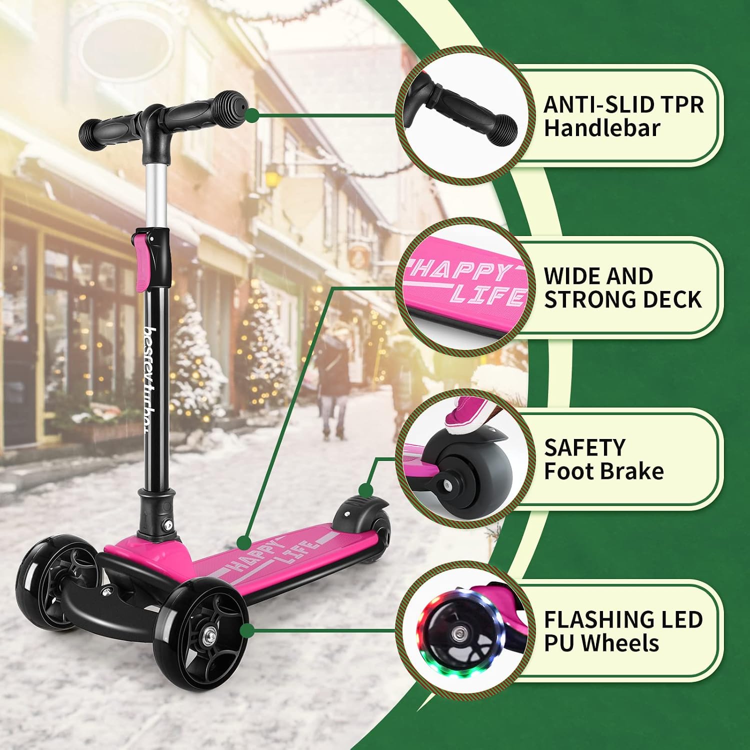 besrey 3 Wheel Scooter for Kids Ages 3-10 with 4 Adjustable Height