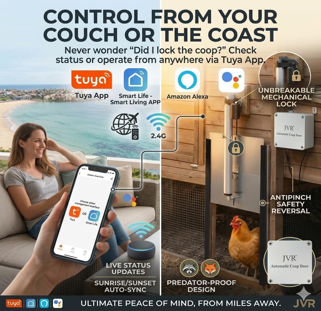 JVR WiFi Chicken Coop Door, App Alexa Control, Sunrise Sunset, Anti-Pinch