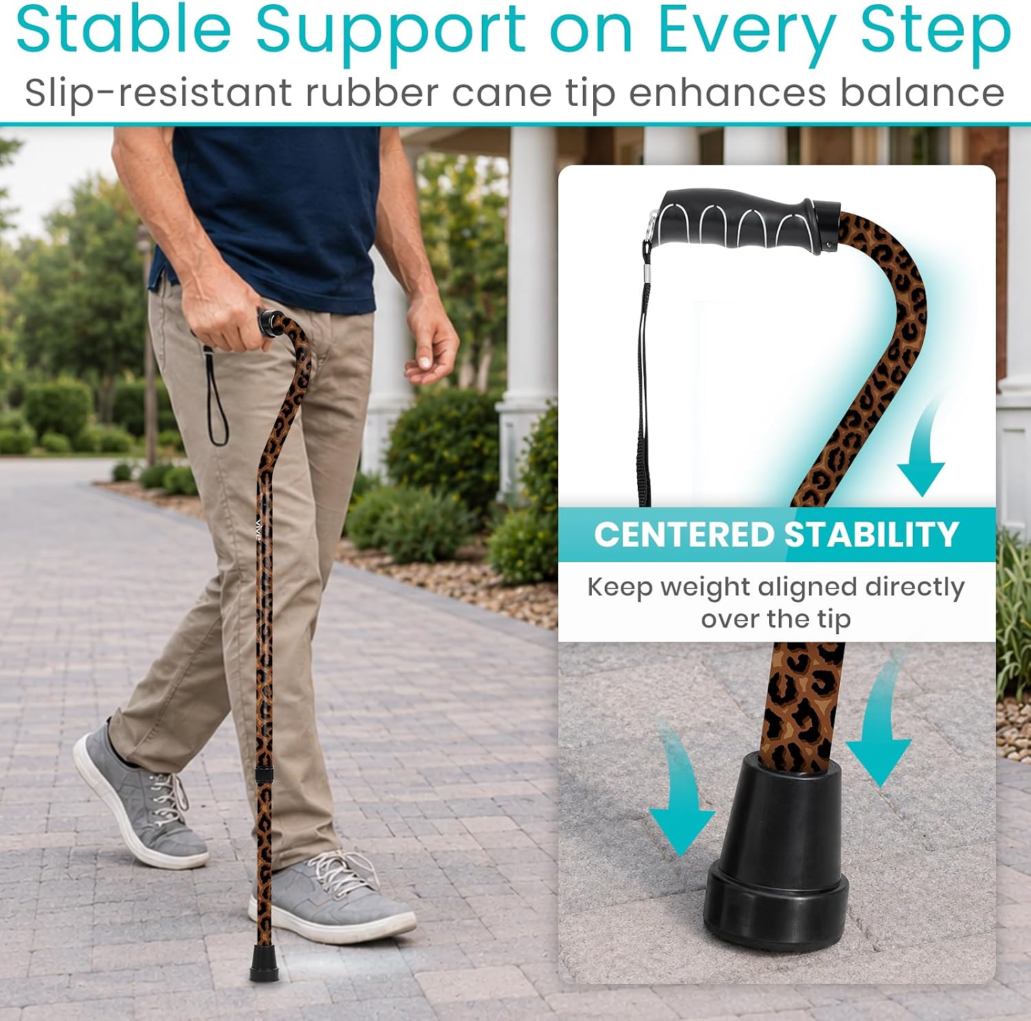 Vive Walking Cane for Women, Men, Elderly - Patented Offset Grip - Lightweight Adjustable Walking Aid with a Non-Slip Tip - Sturdy Balancing Mobility Aid for Seniors