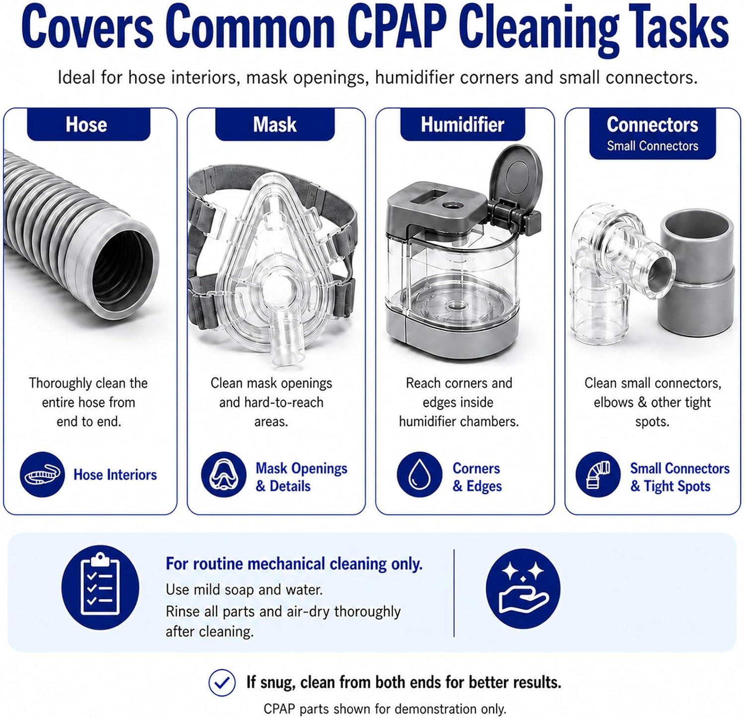 CPAP Cleaning Brush Set, 78.7 in Dual-Ended CPAP Hose Brush for 22 mm & 15 mm Tubing, Tube Cleaning Brush & Hose Cleaner Brush with Detail Brush for Mask