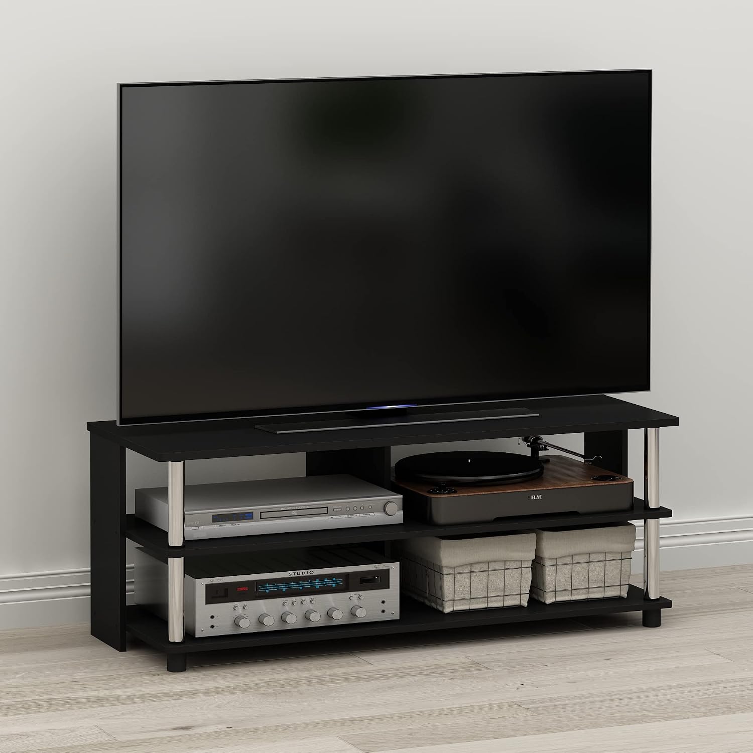 Furinno Beginning TV Stand, 2-Tier Rectangular Entertainment Center with Shelf, TV Console for TV up to 36 Inch, Open Back, for Living Room, Bedroom, French Oak