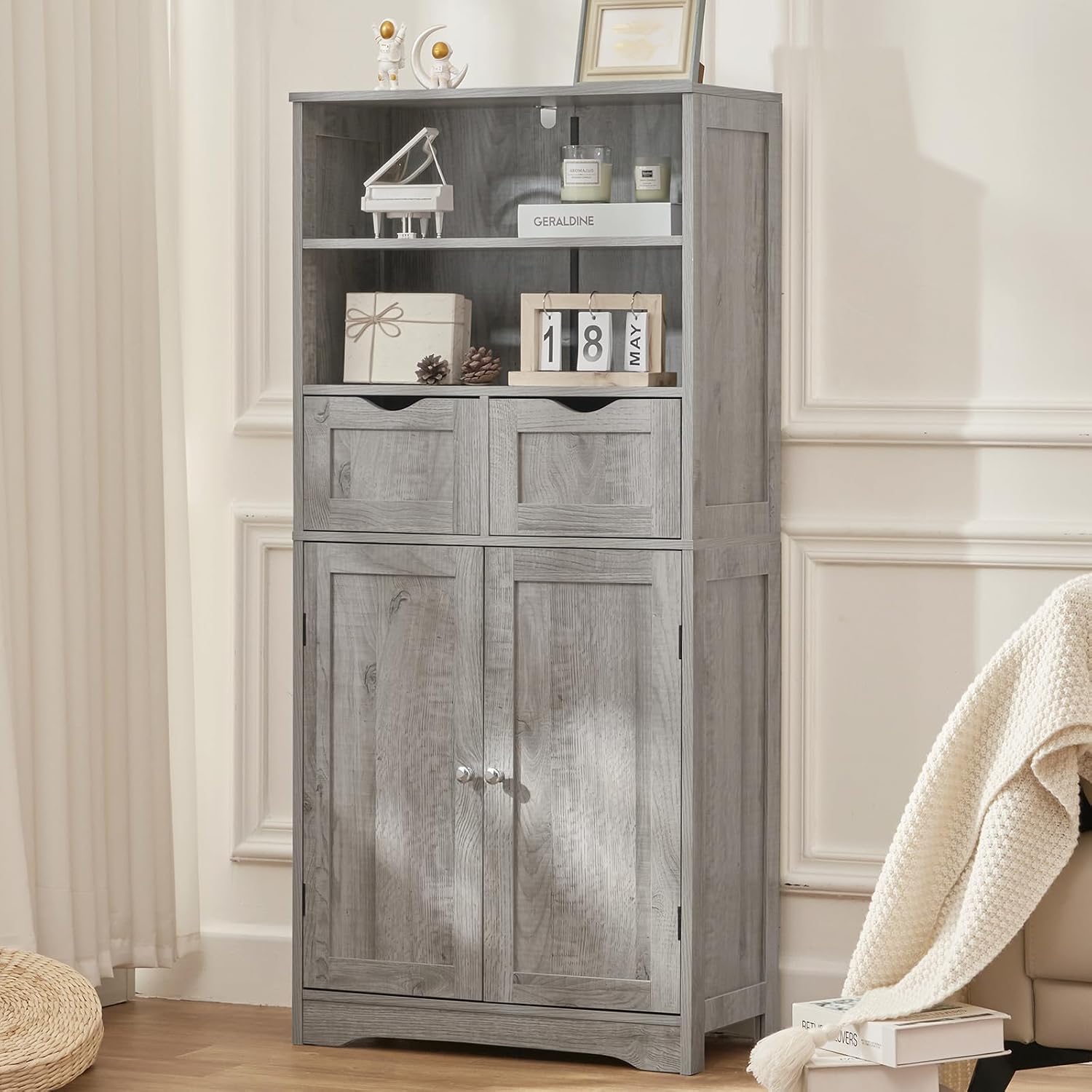 Iwell Storage Cabinet with 2 Drawers & Adjustable Shelves, Cupboard, Floor Cabinet for Living Room, Home Office, Rustic Brown