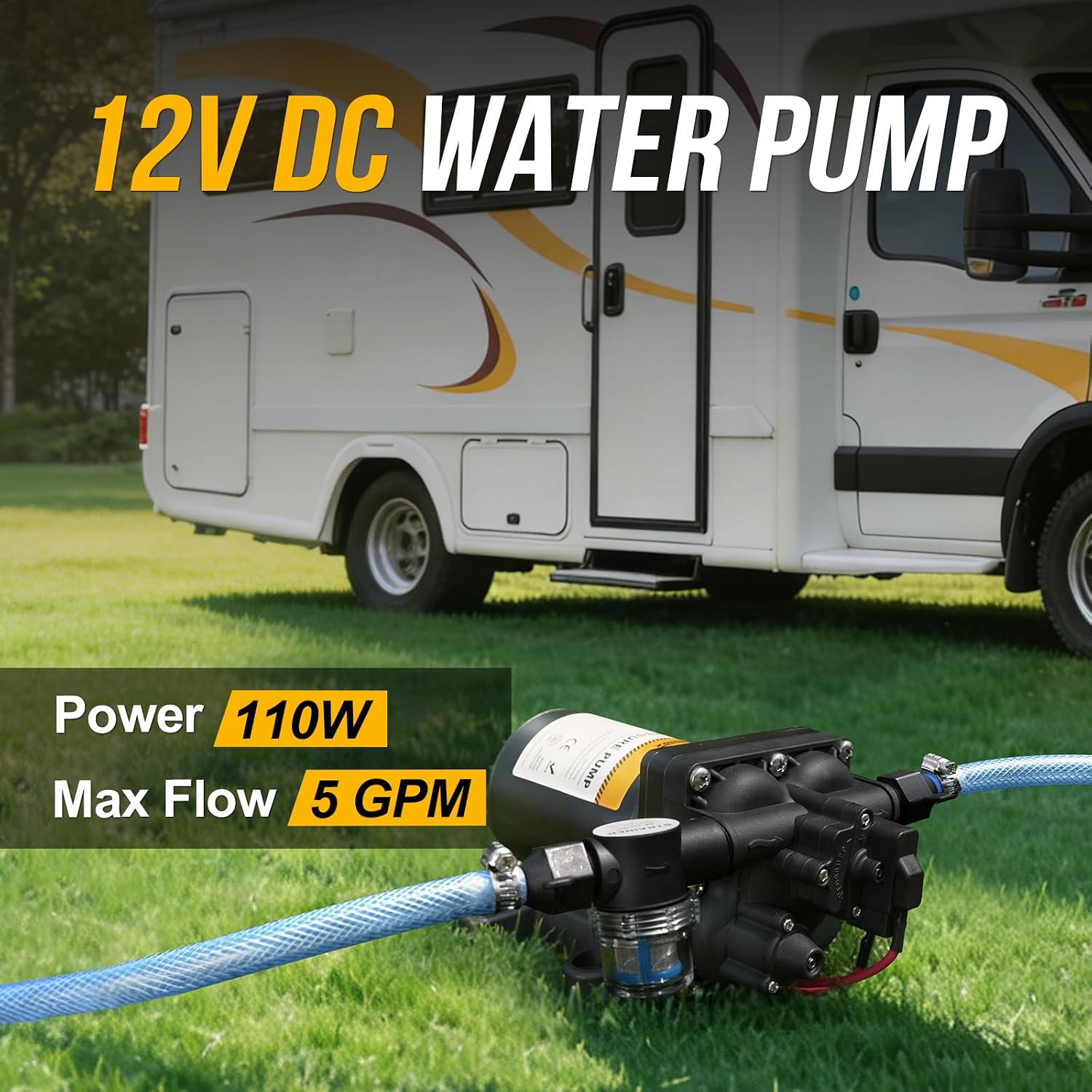 12V RV Water Pump, 5.0 GPM 55 PSI Diaphragm Pump, 20Volt Quiet Fresh Water Pump with Pressure Switch, Self Priming Pressure Pumps for RV Camper Boat Marine Food Truck, Dark Grey
