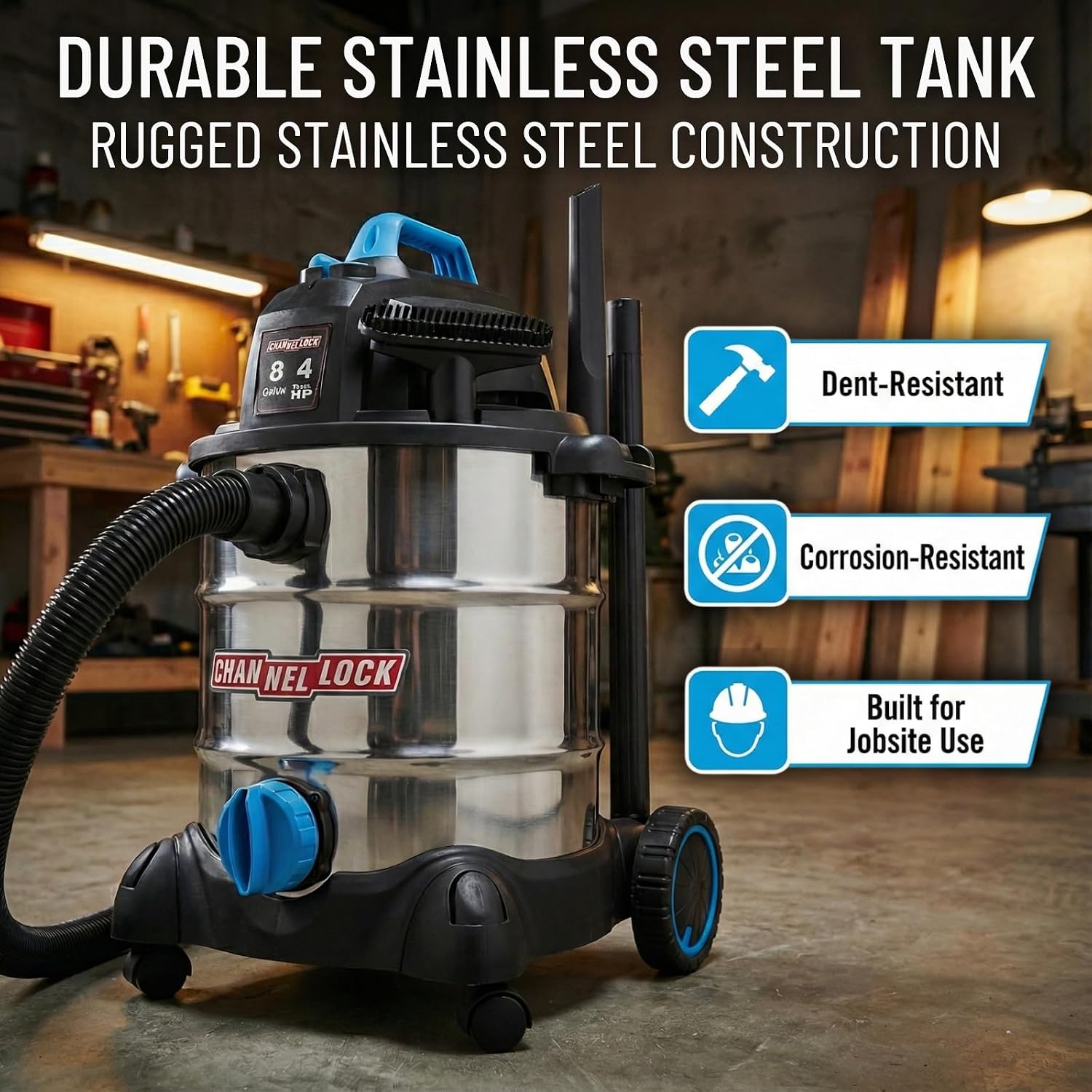 Channellock Wet/Dry Vac 8L04001S - Stainless Steel, 4.0 HP, Shopvac, Wetvac - 8 Gal