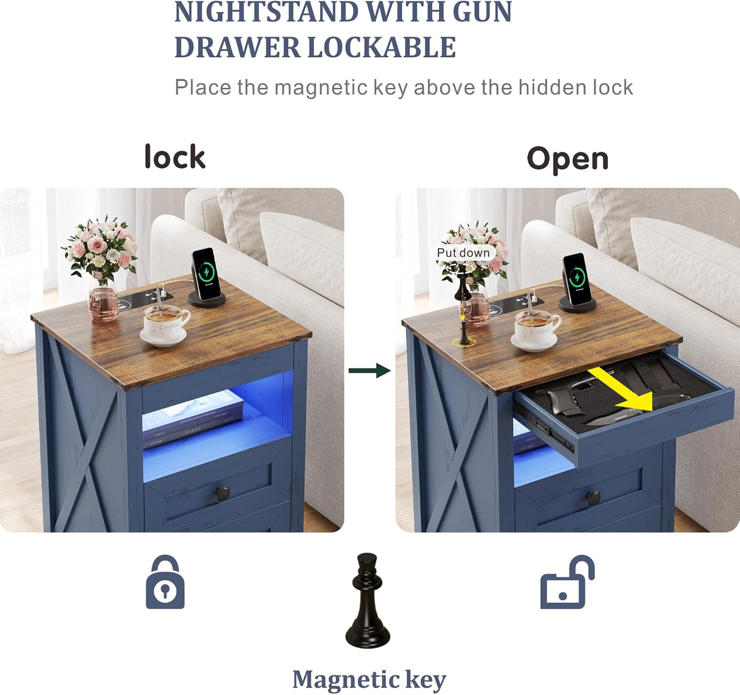 Farmhouse LED Nightstand with Gun Drawer&Invisible Lock,Modern Bedside Table with Human Sensor Design,Rustic Side Table with Wireless Charging for Living Room, Dark Oak