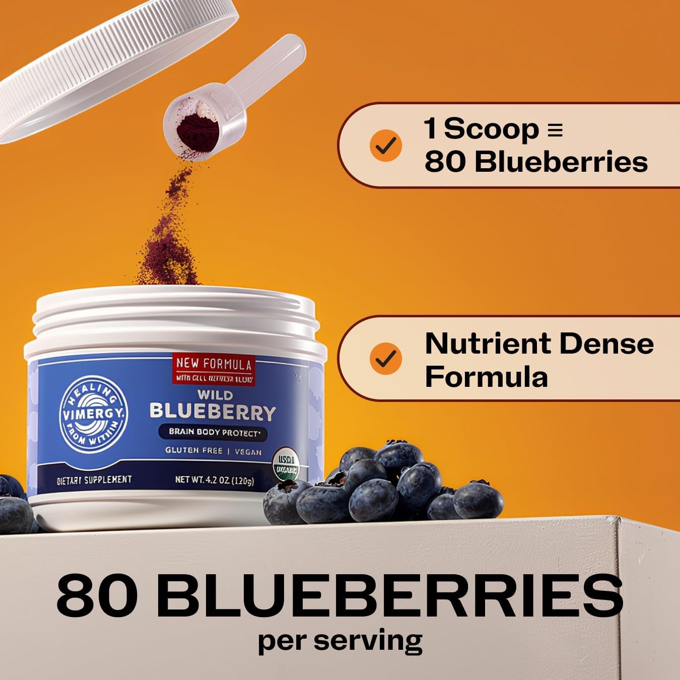 Vimergy Wild Blueberry Powder, Non-GMO, Vegan, Organic, 250g, 62 Servings | Antioxidant Used in Heavy Metal Detox Smoothie, Protects Brain Cells*, Gluten-Free