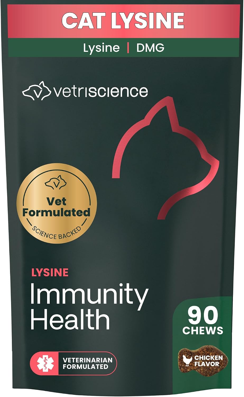 VetriScience Lysine Immunity Health Chews, 250 mg Lysine Plus Immune Supplement for Cats and Kittens with Allergies, Sneezing, Runny Nose and Watery Eyes, Chicken, 120 Count