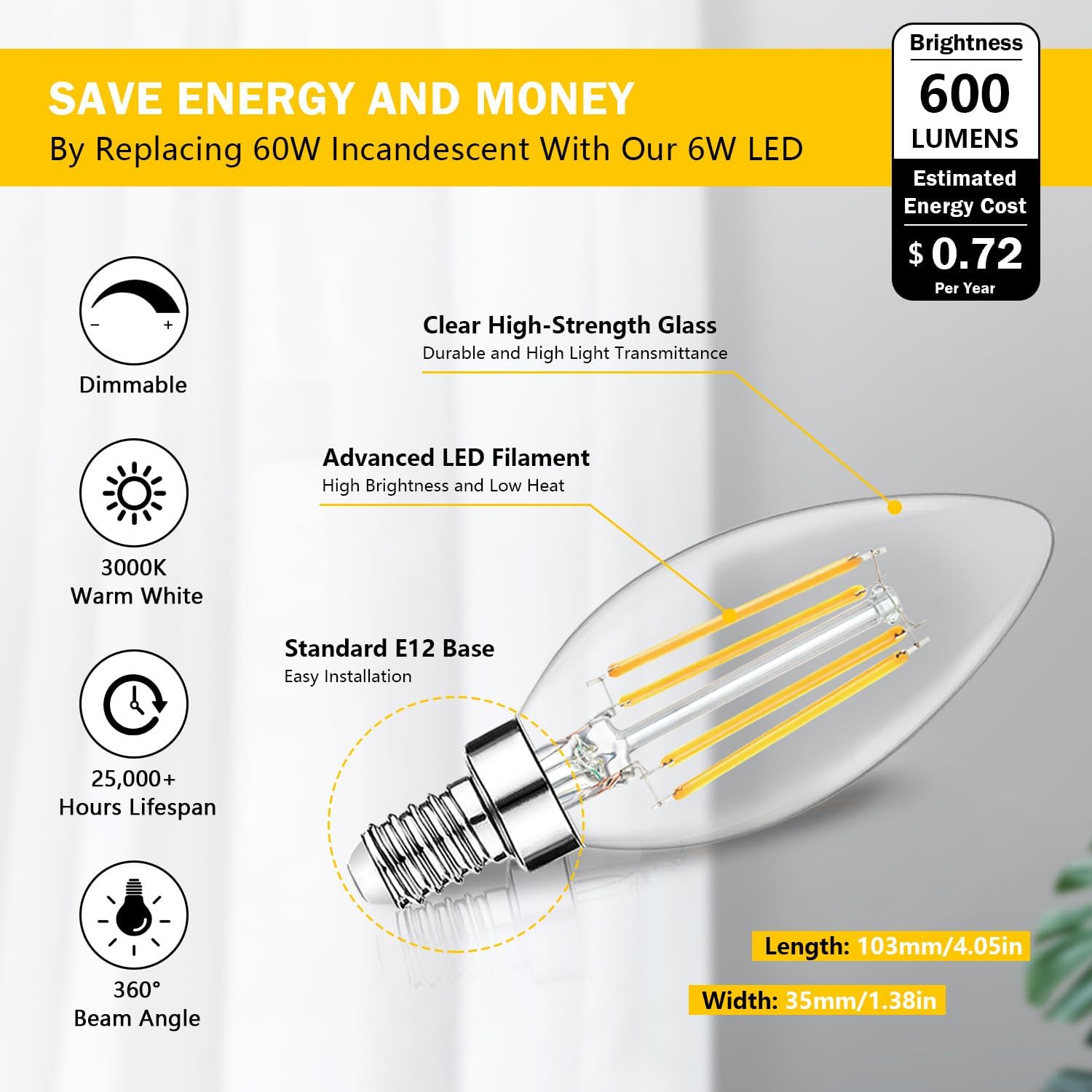 BesLowe 12-Pack Dimmable E12 LED Candelabra Bulbs 60W Equivalent, 2700K