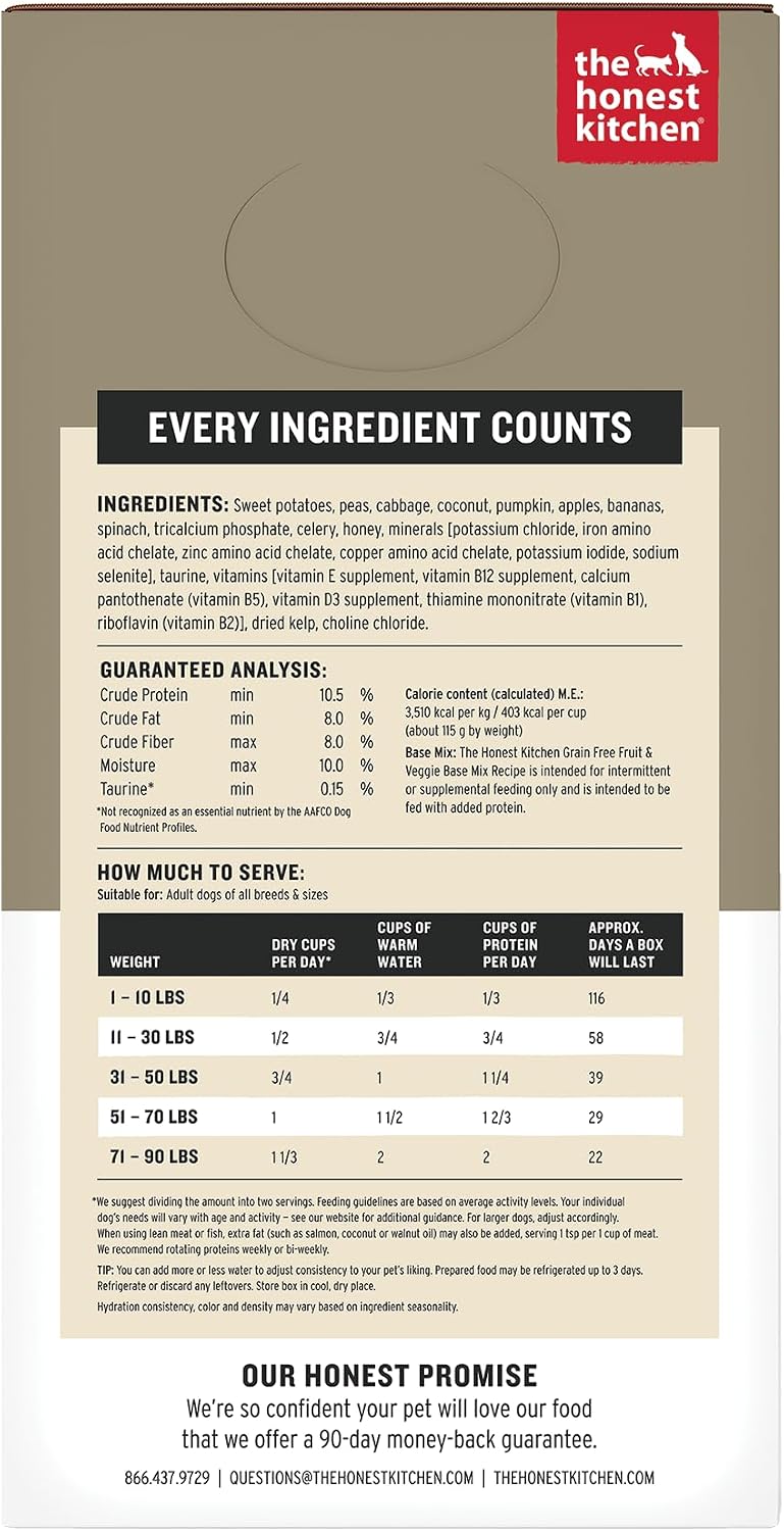 The Honest Kitchen Dehydrated Grain Free Fruit & Veggie Base Mix Dog Food (Just Add Protein), 3 lb Box