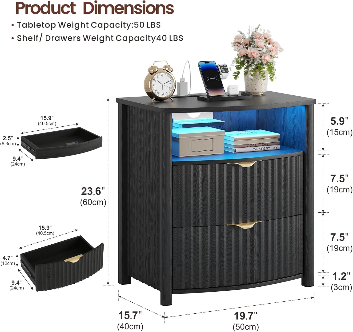 Dystler Fluted LED Night Stand with Hidden Gun Drawer & Charging | 19.7" W Curved Smart Bedside Table, 3-Color LED lights, 2 Drawers, Nightstand with Card-Lock, End Table for Bedroom, Walnut