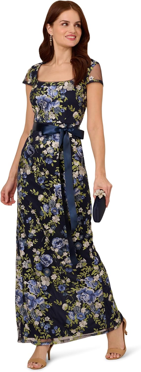 Adrianna Papell Cascading Floral Embroidered Long Column Gown