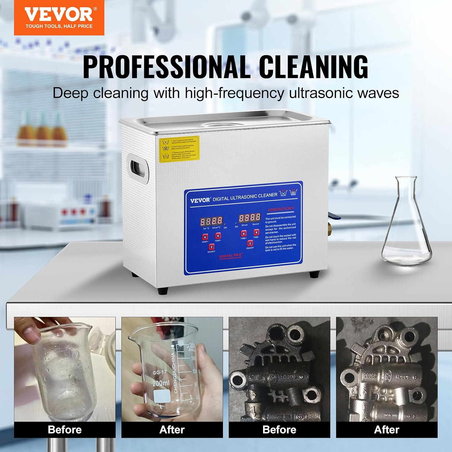 VEVOR 6L Commercial Sonic Cleaner, 40kHz Professional Cleaning Machine with Digital Timer & Heater, 110V - Ideal for Watches, Instruments, and Industrial Parts, FCC/CE/RoHS Certified | with Digital Timer and Heater, 110V, for Watch, Instruments, and Indu…