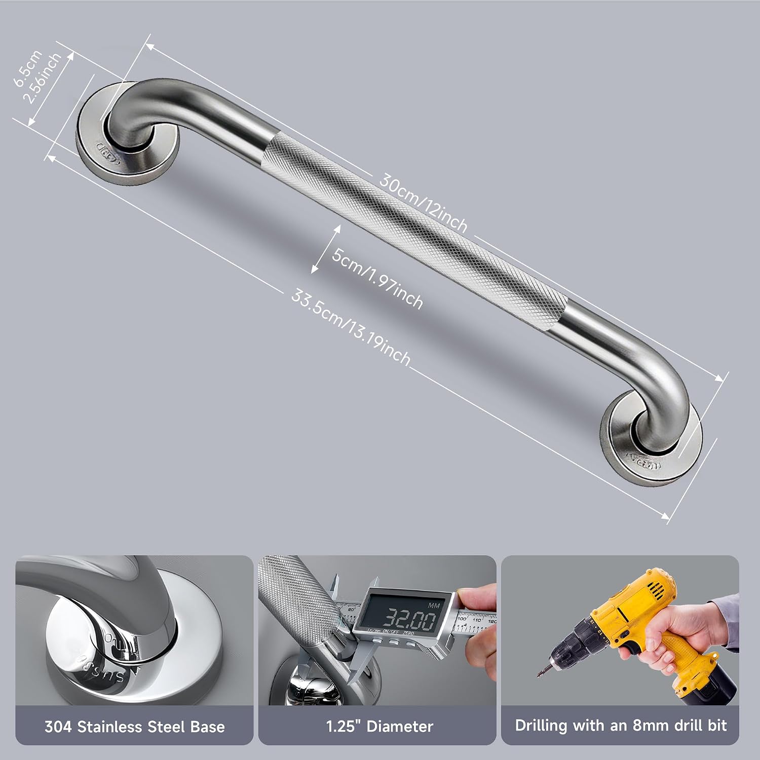 12 Inch Shower Grab Bar 1.25" Dia,Brushed Nickel Anti Slip Bathroom Grab Bar, 304 Stainless Steel Knurled Handicap Grab Bars, Safety Support Handrail,Bath Shower Handle for Elderly Injury Senior