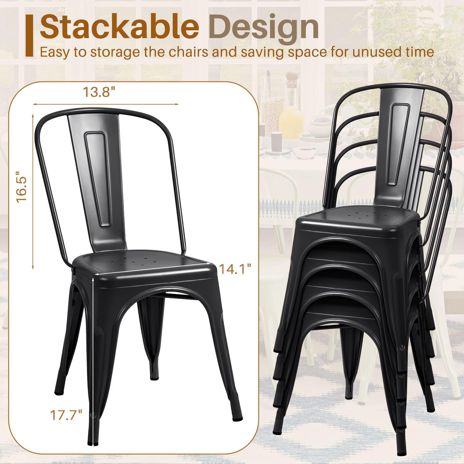 Furmax Metal Dining Chair Indoor Outdoor Use Stackable Classic Trattoria Chair Chic Dining Bistro Cafe Side Metal Chairs Set of 4 (Ivory White)