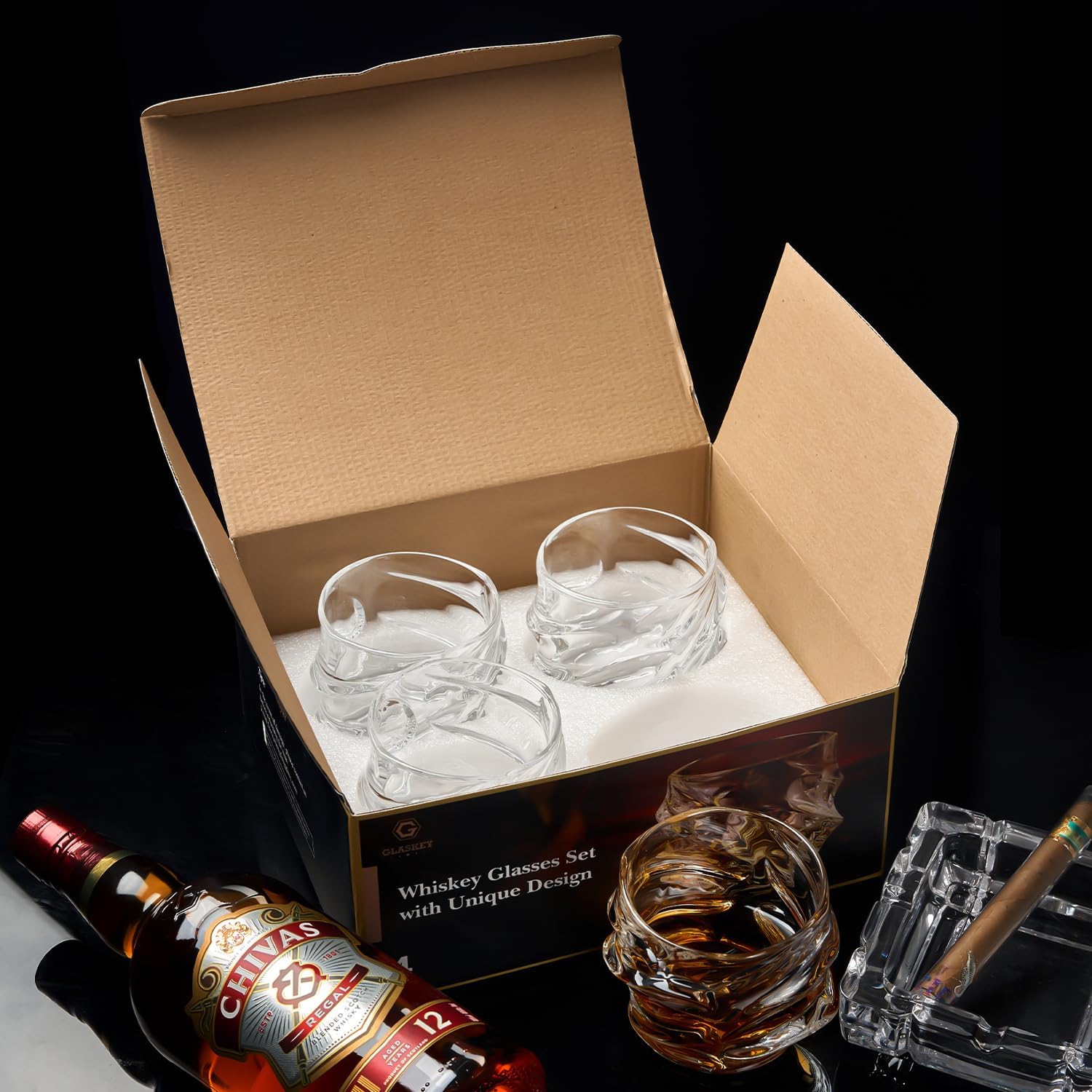 GLASKEY 12 oz Storm Japanese Whiskey Glasses Set of 4, Unique Cognac Glasses, Heavy Thick Bottom Bar Glass for Scotch Bourbon Rum Gin Water Cocktail,Gifts Men Gifts Ideas