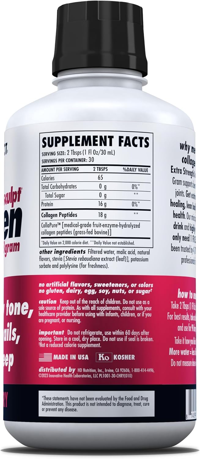 HEALTH DIRECT AminoSculpt Sugar-Free Liquid Collagen, Tart Cherry, 30 oz | High-Potency Collagen for Men & Women. Supports Hair, Skin, Nails & Joints. Medical-Grade, No Mixing, Non-GMO & Grass-Fed