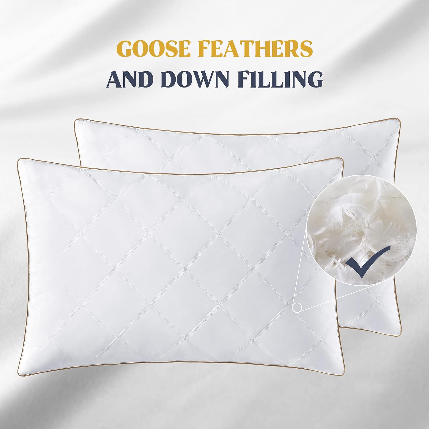 puredown® Goose Feathers and Down Pillow for Sleeping Hotel Collection Bed Pillows, Gusseted, Queen, Set of 2