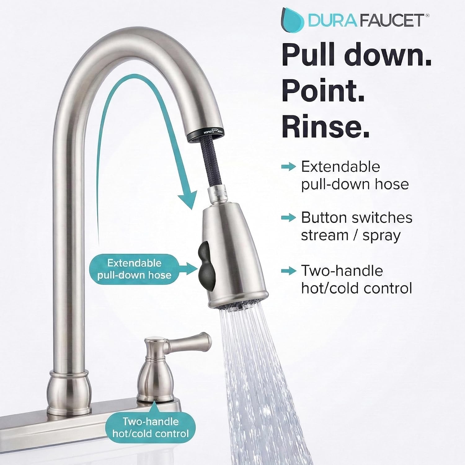 Dura Faucet DF-PK350L-SN RV Pull-Down Kitchen Sink Faucet (Satin Nickel) | Stream-to-spray sprayer with a corrosion-resistant non-metallic build. Brushed Satin Nickel. Plated ABS plastic (not metal).