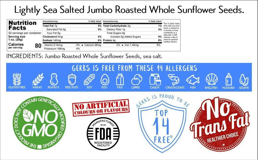 Lightly Sea Salted Sunflower Seed in Shell by Gerbs - 2 LBS - Top 11 Food Allergen Free & Non GMO - Premium Dry Roasted Seeds – COG USA | Small Batch, No Artificial Additives, Resealable Bag | Crack-and-Eat Crunchy Snack | Top 14 Allergen-Free