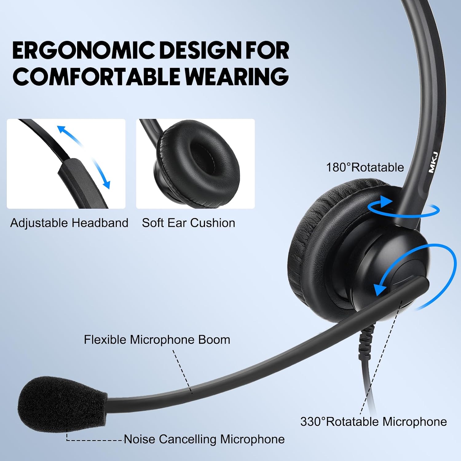 MKJ Corded 2.5mm Office Headset with Microphone for Cisco Panasonic Phones | Noise Cancelling, Wired Headphones for Call Center Telephone