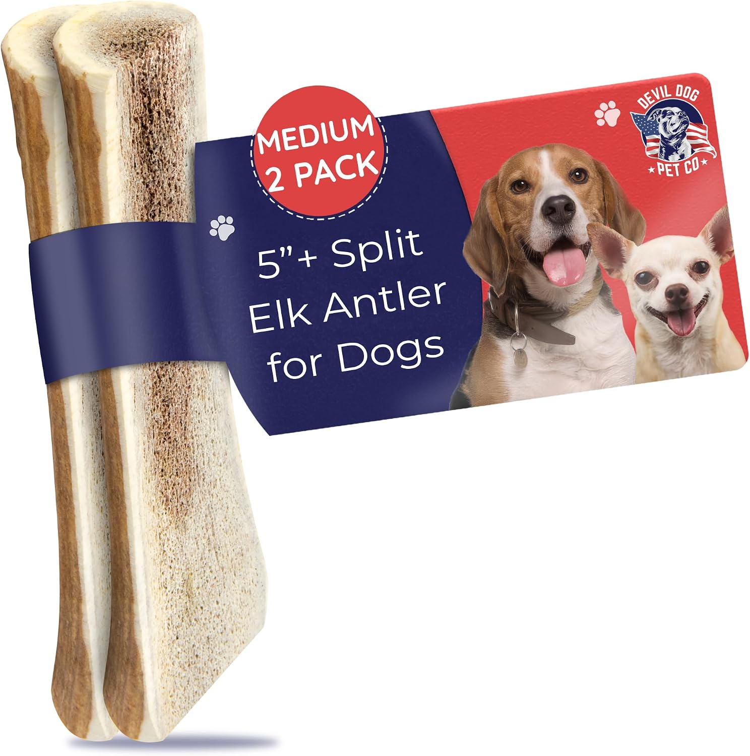 Devil Dog Pet Co Whole Elk Antlers for Dogs, Medium, Aggressive Chewers | Naturally shed Grade A Rocky Mountain elk antler, single ingredient, long lasting, 5 in+, fits breeds up to 50 lb