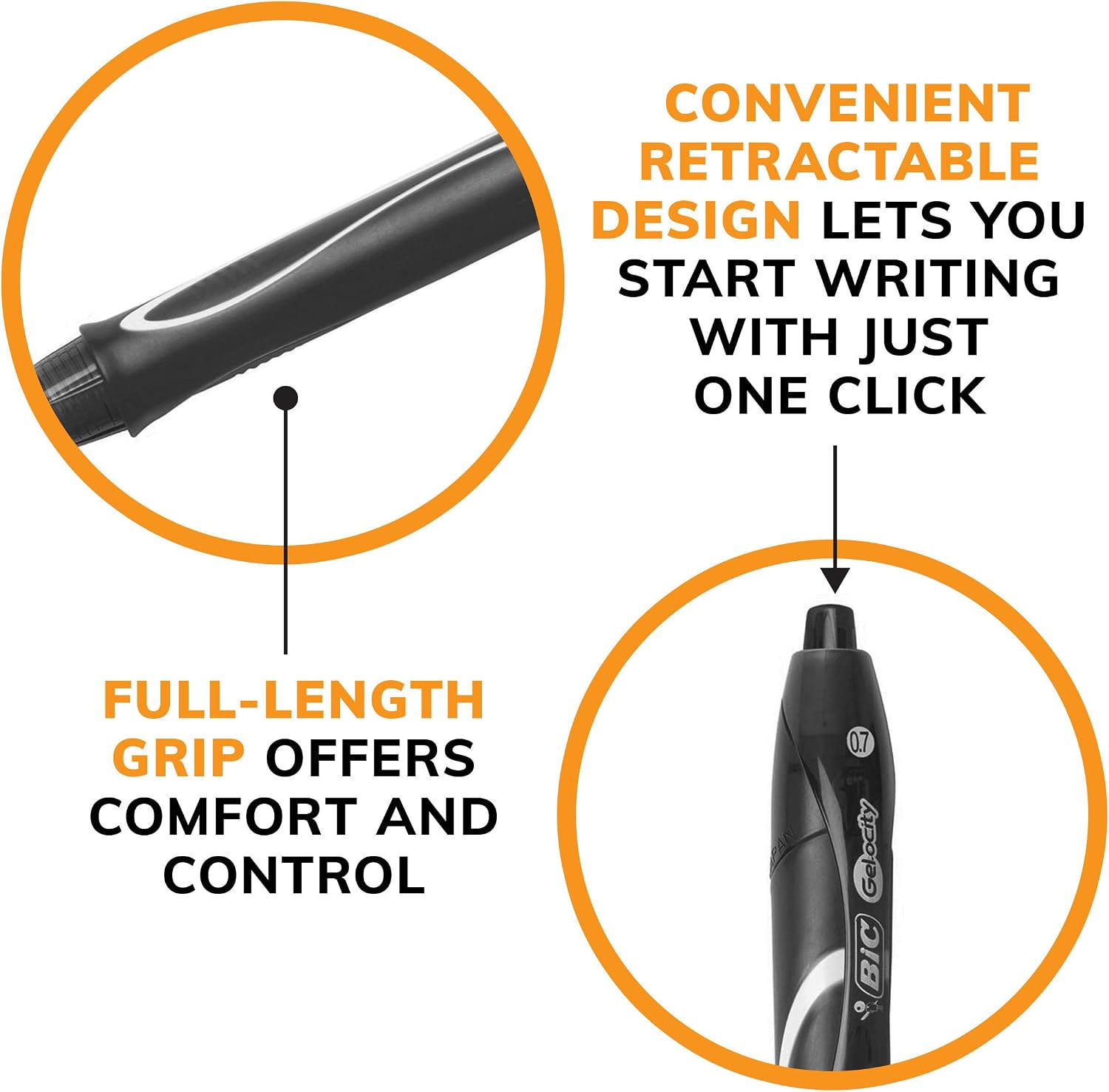 BIC Gelocity Quick Dry Black Gel Pens, Medium Point, 0.7 mm, 12-Count | Quick Dry Ink Resists Smearing | Full-Length Comfort Grip | Ideal for Students and Teachers | 12 Pens in Pack