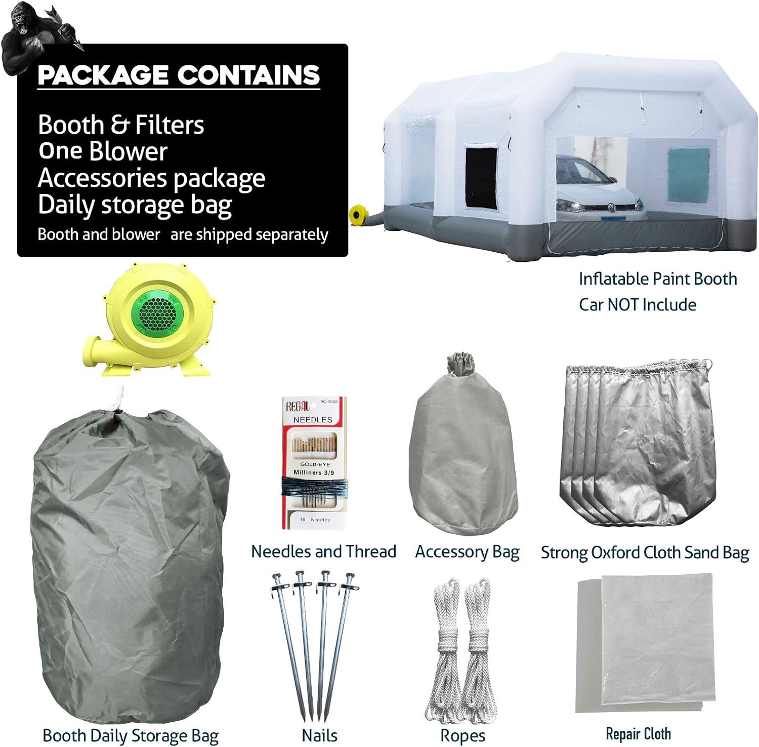 GORILLASPRO Inflatable Paint Booth 26x15x10Ft, Inflatable Spray Booth with (750W + 950W) Blowers, Upgrade Air Filter System Environment Friendly