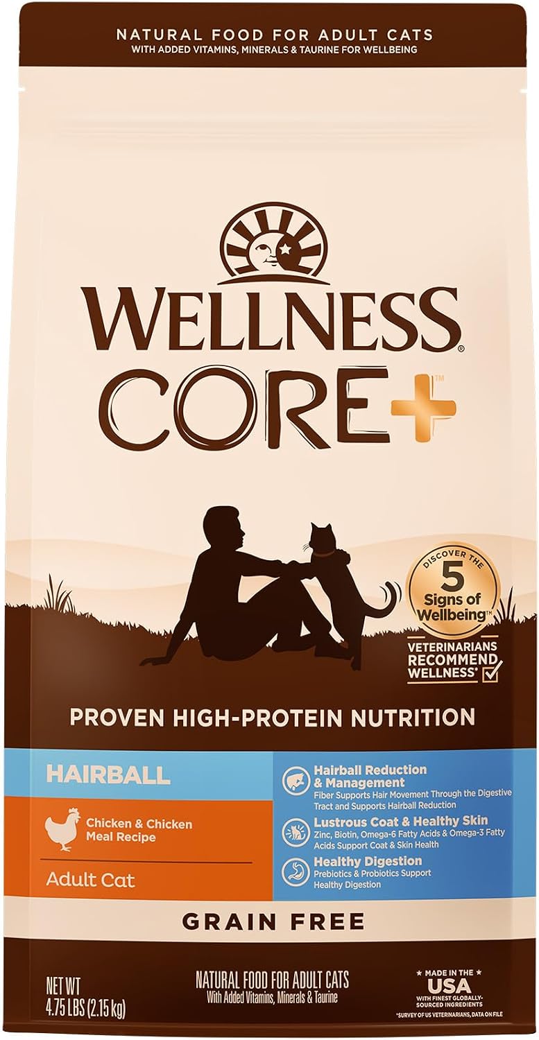 Wellness CORE+ Adult Dry Cat Food, Natural, Wholesome Grains Kibble, Digestive Health Chicken and Rice Recipe, 5 lb Bag