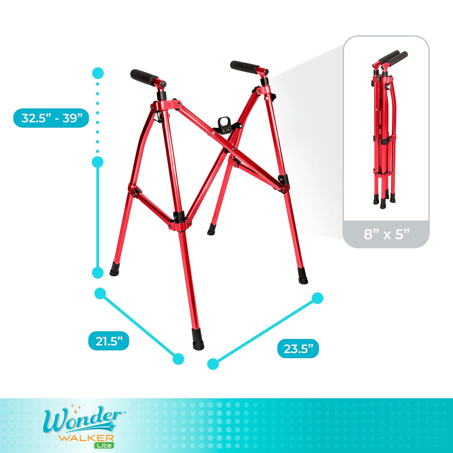 Stander Wonder Walker Lite, Lightweight Folding Mobility Aid for Adults, Seniors, and Elderly, Collapsible Travel Assistant with Rubber Feet for Support, Sport Red