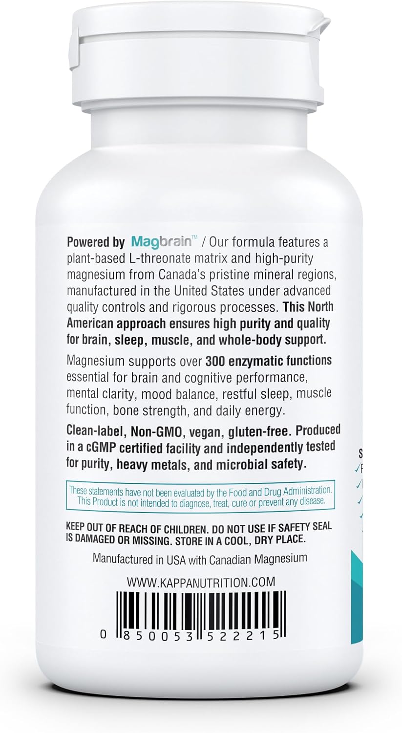 Kappa Nutrition Powered by Magbrain™ Magnesium L-Threonate Plant-Based, 420mg Elemental Magnesium (3 Capsules) from 2, 253mg, 120 Vegan Capsules
