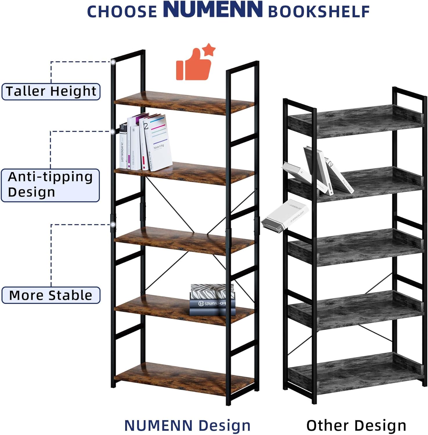 NUMENN 5 Tier Bookshelf, Tall Freestanding Open Storage Bookcase, Vintage