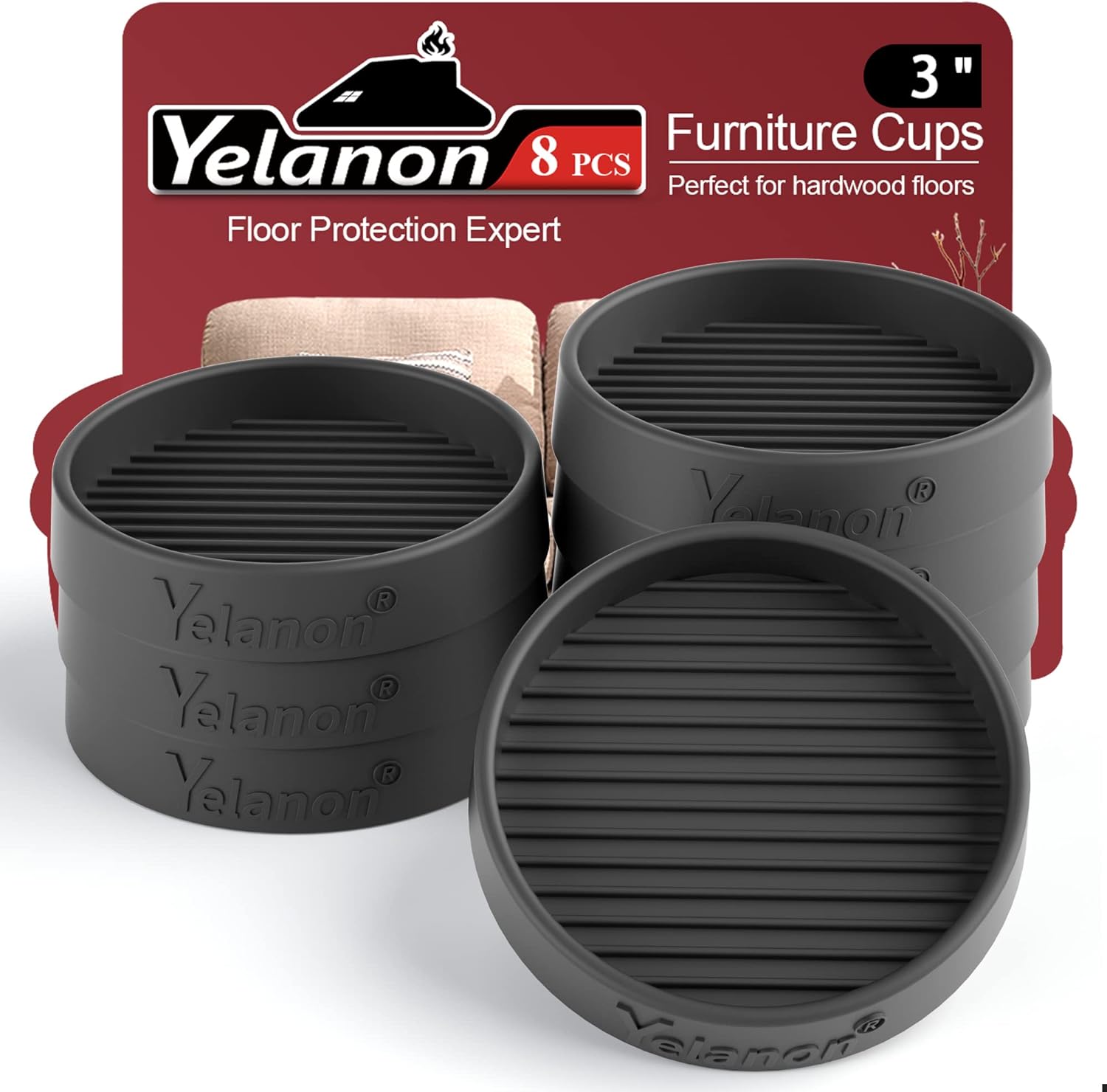 Yelanon Furniture Coasters 8 Pcs 3" Square Brown Caster Cups for Hardwood