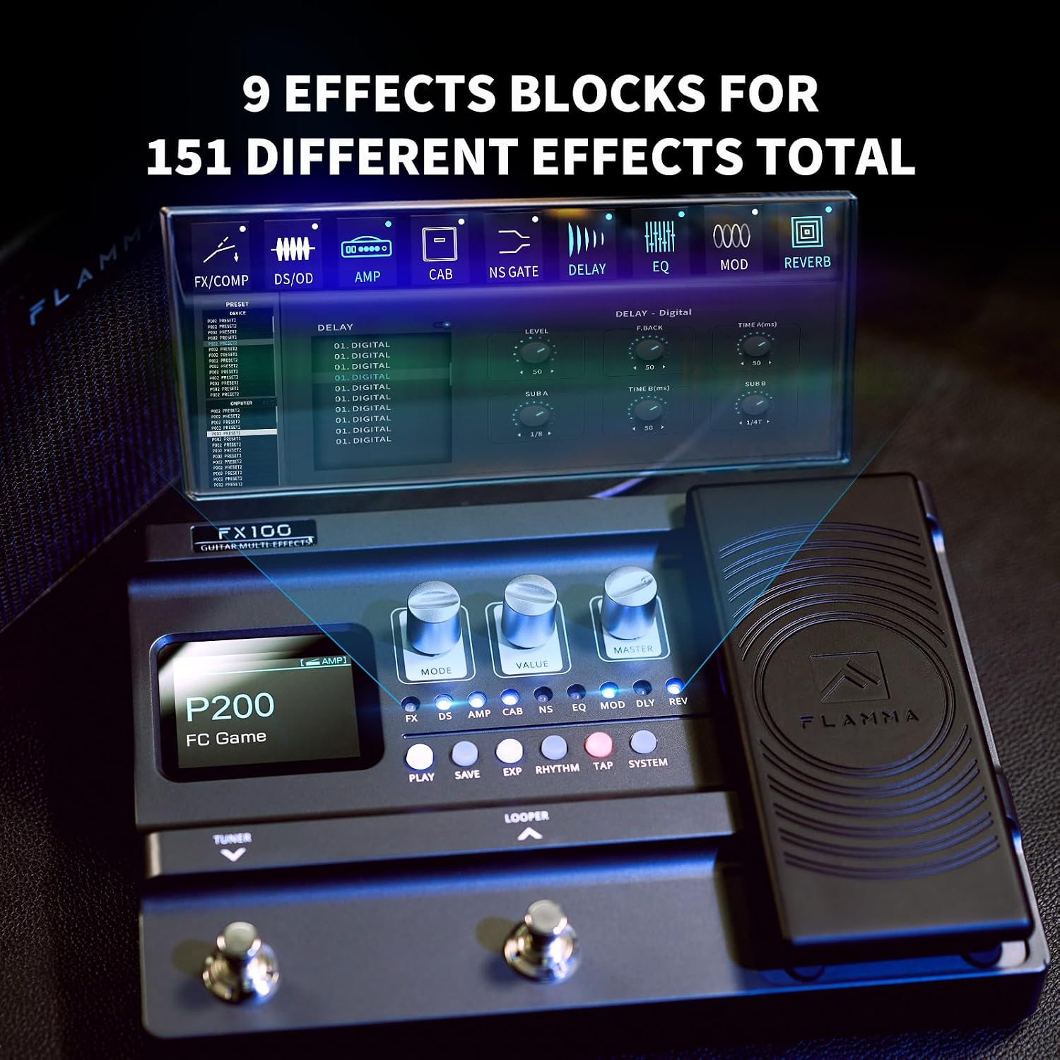 FLAMMA FX100 Guitar Multi-effects Pedal with 55 Amp Models 151 Built-in Effects 80' Looper 40 Drum Machine 10 3rd Party IR Slots Headphone OTG for