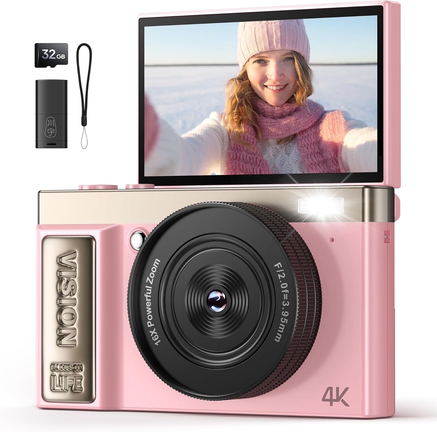 4K Digital Camera Pink for Girls Teens: 64MP Vlogging Camera with Flip Screen - 16X Zoom - Cute Compact Cam for Photography and YouTube –