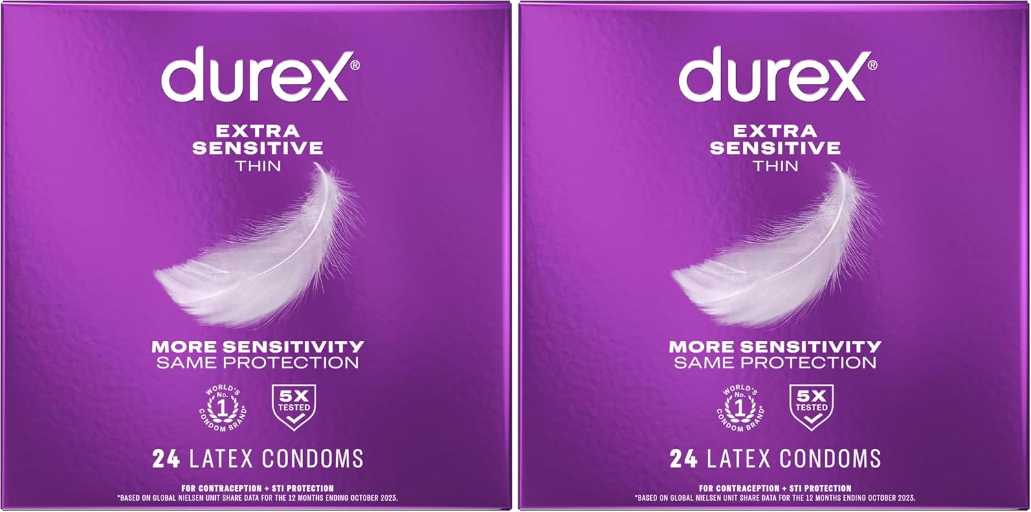 Durex Extra Sensitive Thin Condoms, Lubricated Latex Condoms for Men, 24 Count