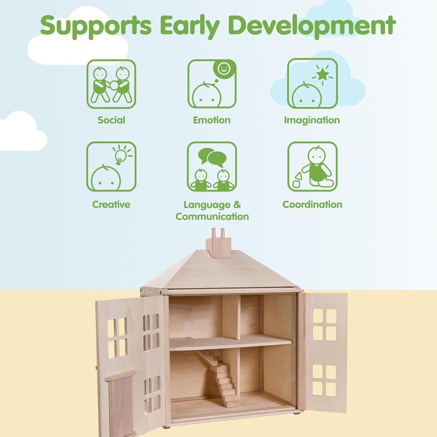 PlanToys® Green Wooden Dollhouse with Solar Panel, Wind Turbine & Furniture | recycling system, eco-friendly doll house, sustainable pretend play, kids, girls, environmental learning gift for boys