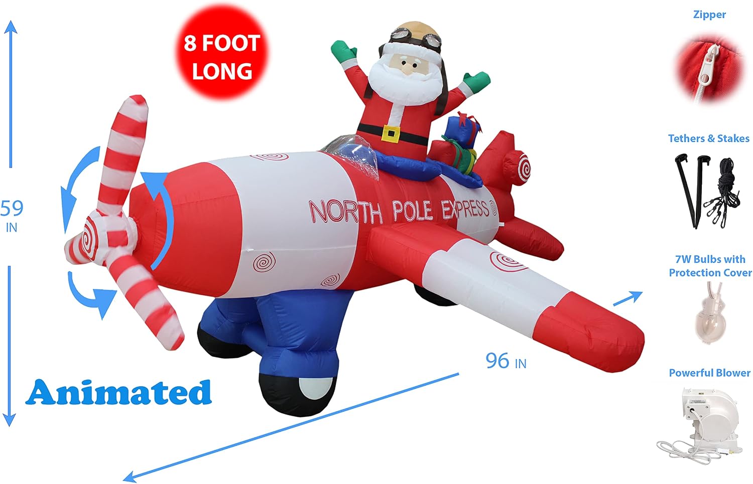 8 FT Animated Christmas Inflatable Santa Claus Flying Airplane | Outdoor Yard Blow Up Decoration, Bright LED Lights, Built-in Blower