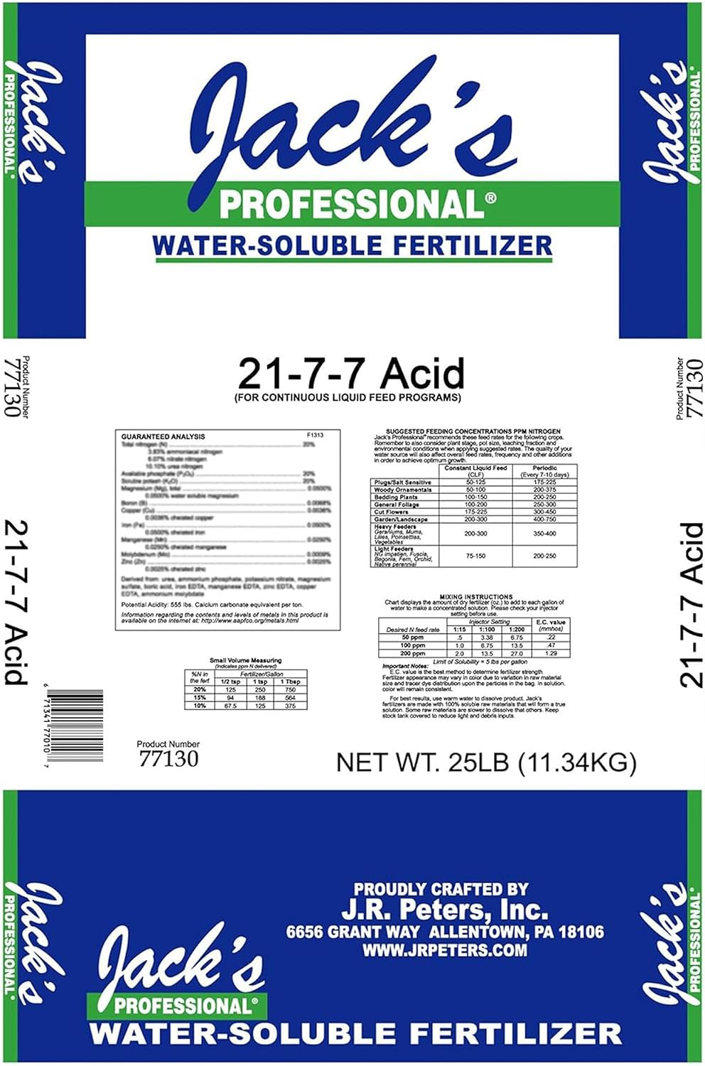 Jack's Professional 21-7-7 Water Soluble Fertilizer, 25lb | Powdered, Targeted Micronutrient Package, Rapid Correction of High pH Situations