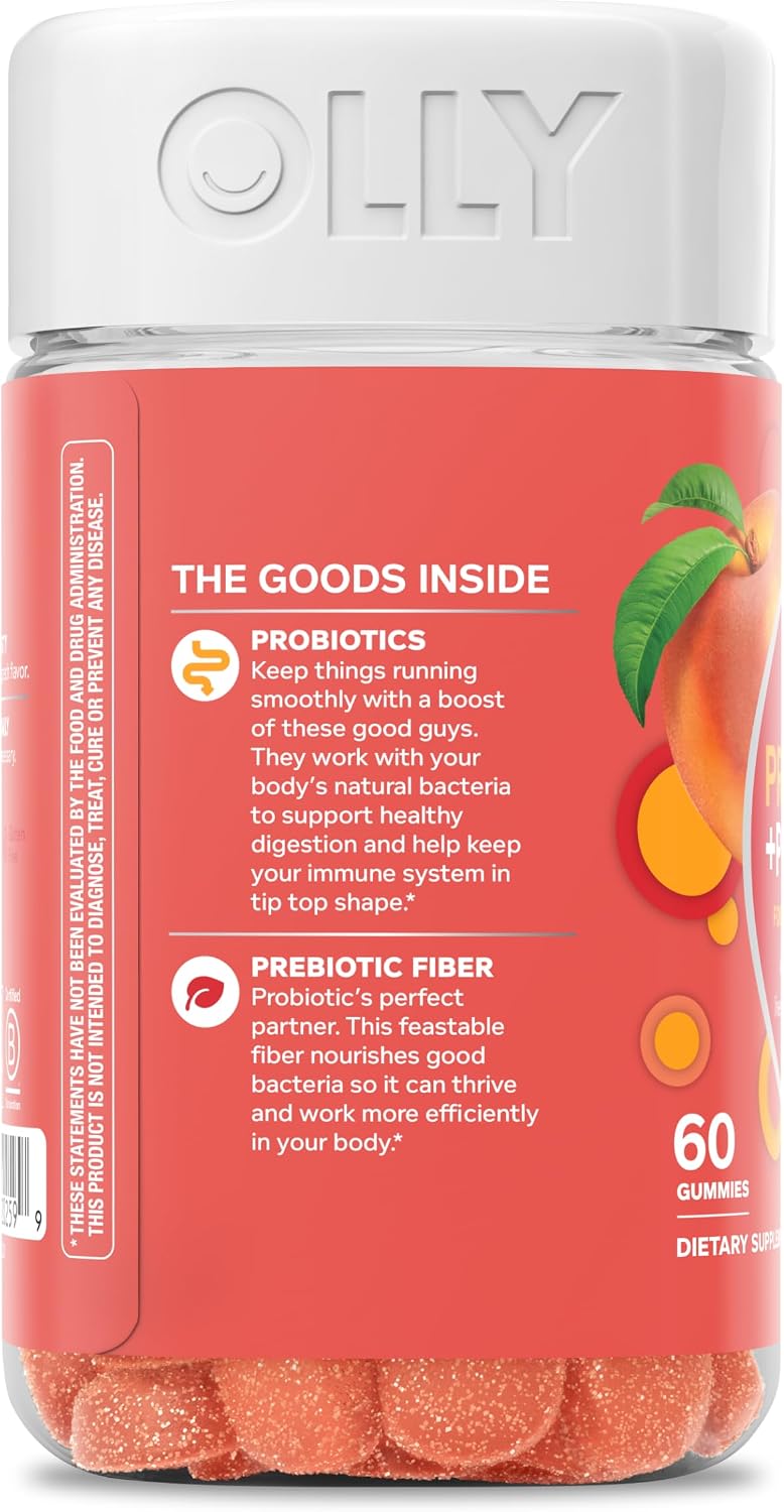 OLLY Probiotic + Prebiotic Gummy, 500 million CFUs, Peachy Peach - 30 Count