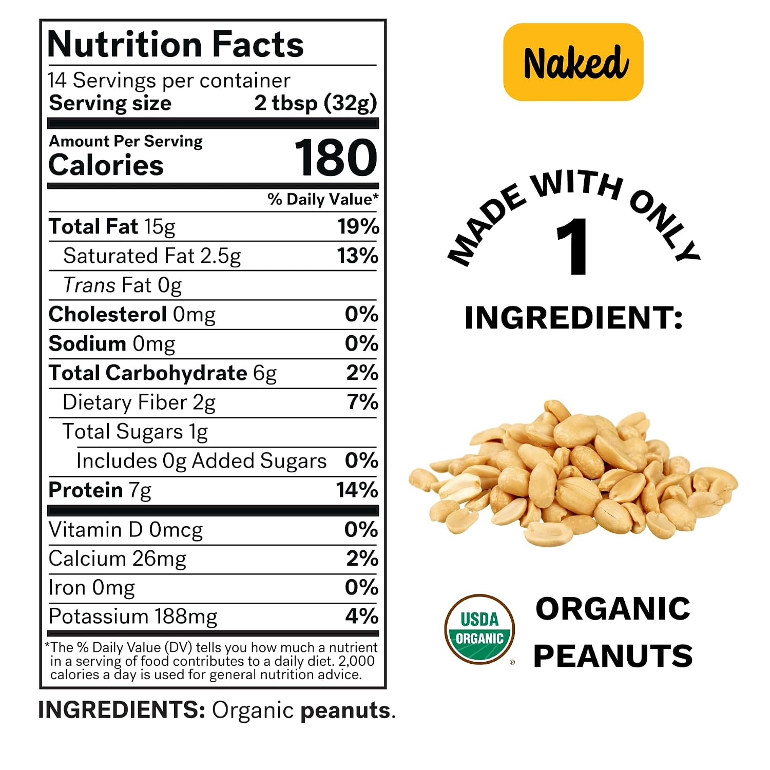 Spread The Love NAKED Organic Peanut Butter, 16 oz Jar, 1 Pack