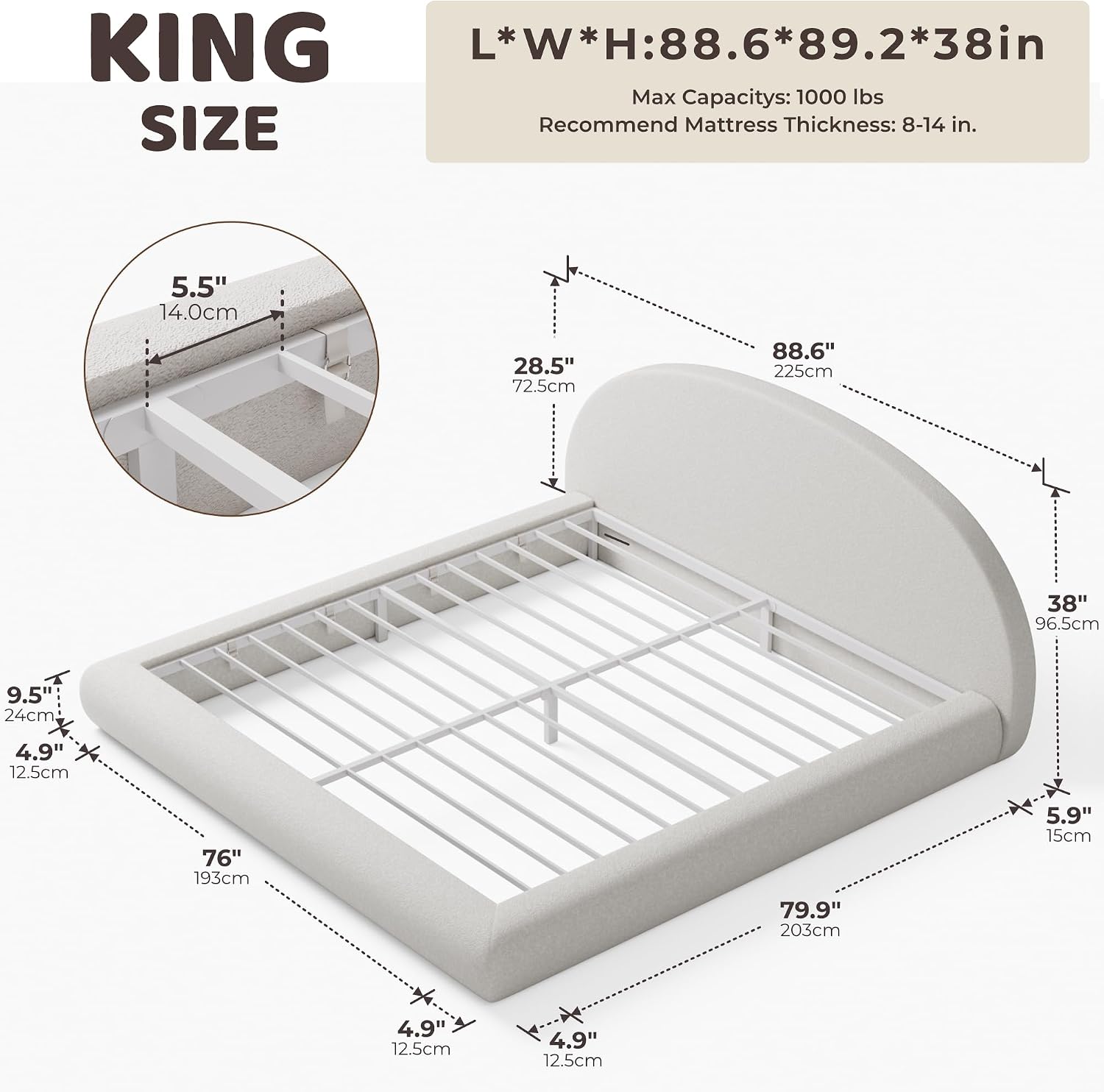RECCI AirFrame Half-Moon Upholstered Queen Platform Bed Frame | Velvet Curved Arched Base, 6-Inch Thickness Headboard, 5 Inch Fully Round Cushioned Foam, No Box Spring Needed, Easy Assembly