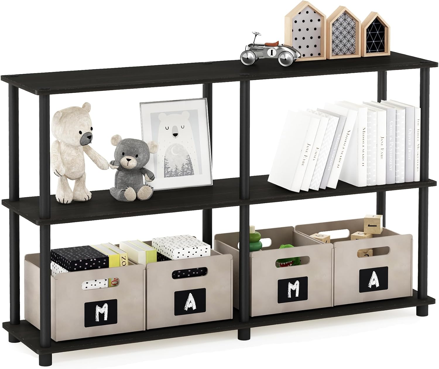 Furinno TURN-N-TUBE Storage Shelves, 3-Tier 47.4 Wide Book Shelf, Corner Shelf, Toolless Open Shelves, for Organization and Storage, Living Room, Garage, Home Office, Black