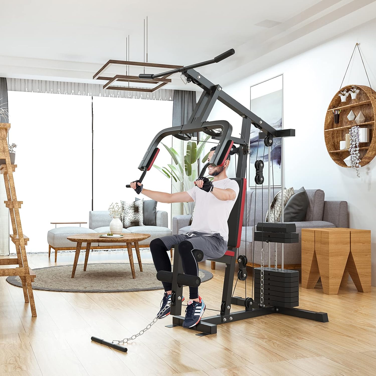 GYMAX Home Gym, Multifunctional Workout Equipment with Leg Extension, Pulley System & 100lbs Weight Stack, Full Body Strength Training Machine