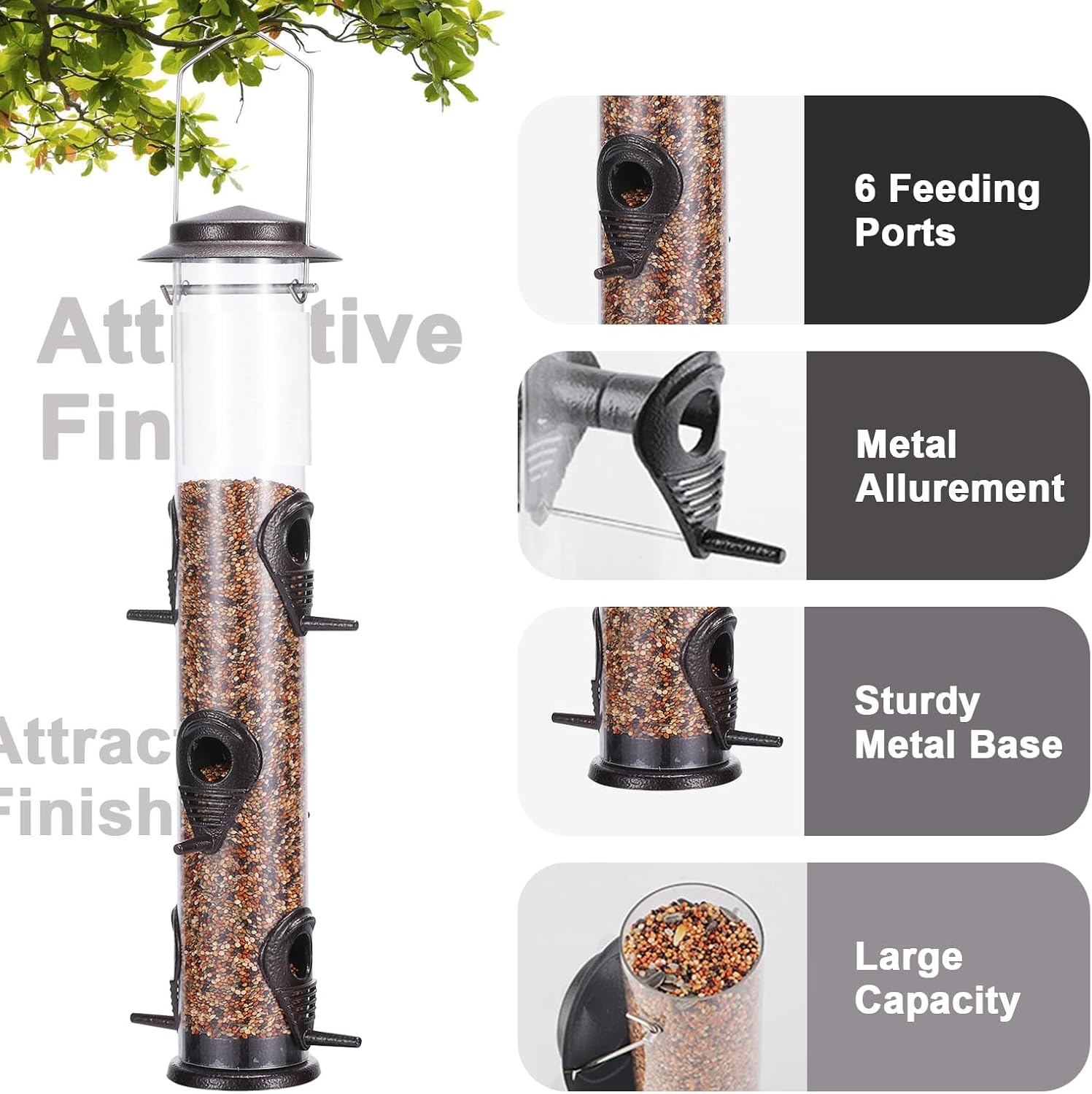 MIXXIDEA 1PK Metal Bird Feeders with 6 Feeding Ports, Tube Bird Feeder with Steel Hanger, Hard Plastic Wild Bird Feeder for Outdoors Hanging