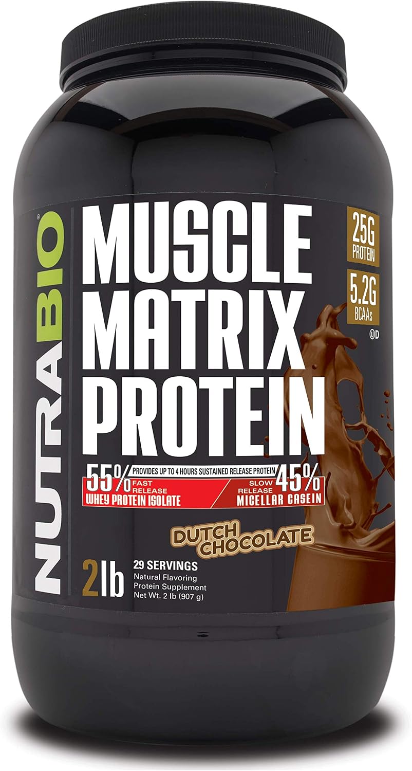 NutraBio Muscle Matrix Protein Powder - 25g of Protein Per Scoop - Whey Isolate and Micellar Casein Combo for Fast and Slow Release - Vanilla - 2 Pounds, 28 Servings