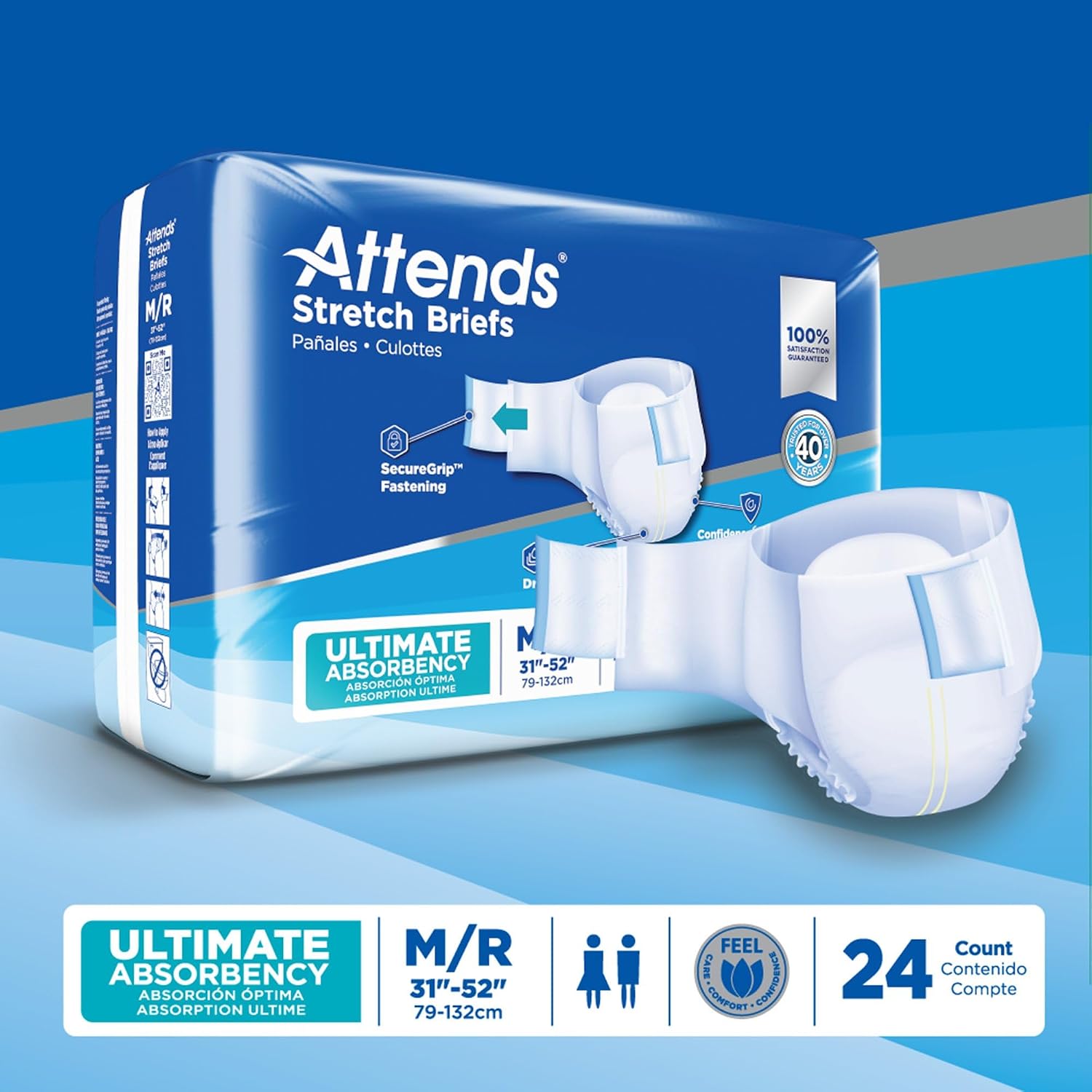Attends Stretch Adult Incontinence Disposable Briefs, Large/X-Large, 40"-70" Waist with SecureGrip Tab Closure, Ultimate Absorbency with Dry-Lock Containment Core and Breathable Side Panels, 96ct Case